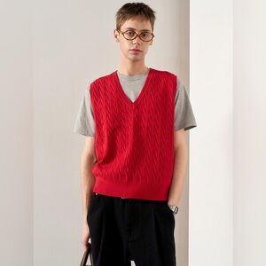B.I.A.M. Made in Italy Red Wool Blend Cable Knit V Neck Sweater Vest Size L
